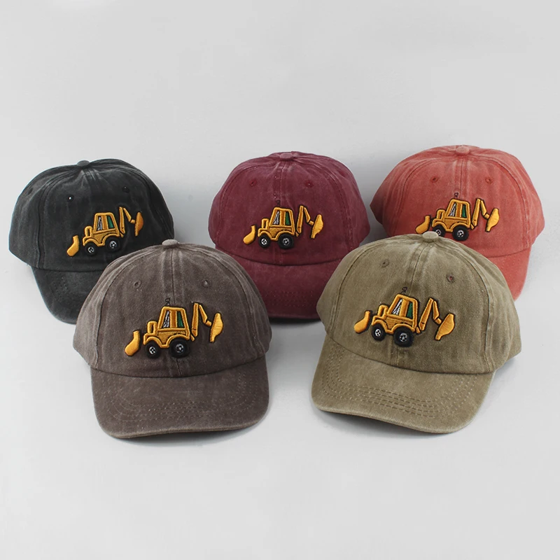 

New Washed Cotton Baby Baseball Caps Cartoon Excavator Embroidery Kids Cap Outdoor Summer Snapback Hats For Boys Girls 모자