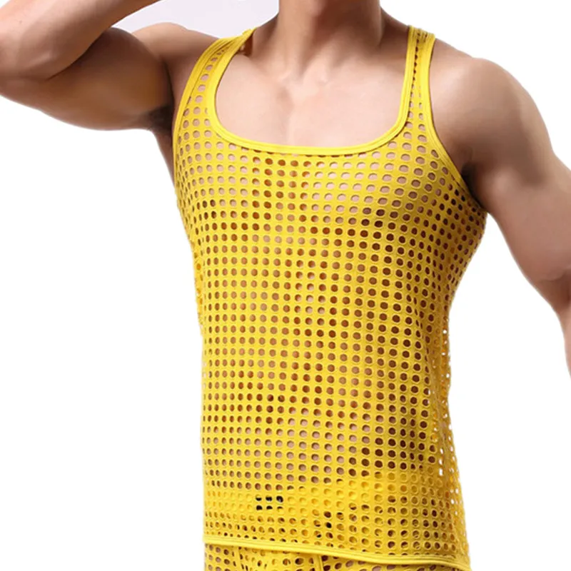 Sexy Mens Underwear Mesh Undershirts Hollow Out Breathable Sports Fitness Tank Tops See Through Gay Muscle T-shirts Sheer Vest