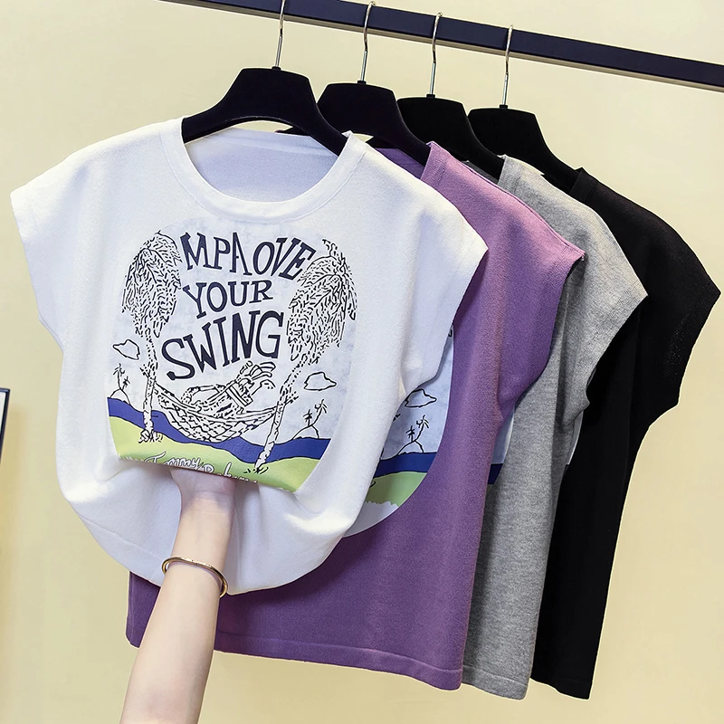 

2023 Summer New Sweater Tshirt Women's Knitted Short Sleeve T-shirts Jacquard Letter Loose Fit Ice Silk Top for Women Clothing