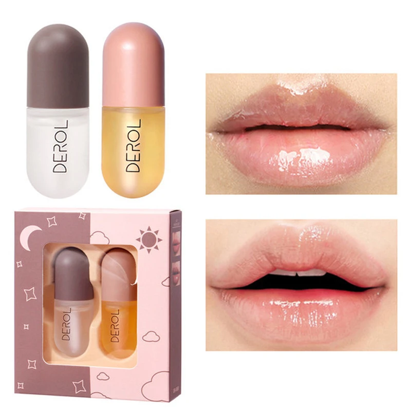 

2PCS/Box Lips Plumper Oil Lip Gloss Liquid Lip Balm Moisturizing Lasting Nourishing Repairing Reduce Fine Line Care Sexy Makeup