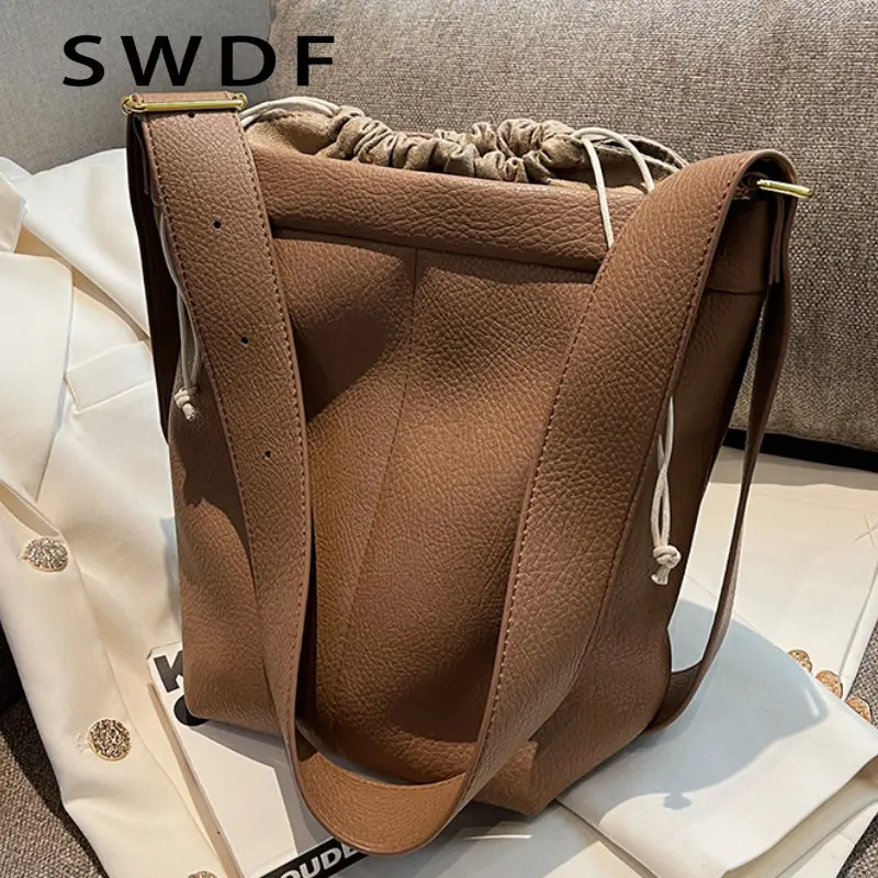 

SWDF Solid Color Bucket Bags for Women 2023 Designer Handbags Vintage Soft Surface PU Leather Shoulder Crossbody Bag Ladies Tote