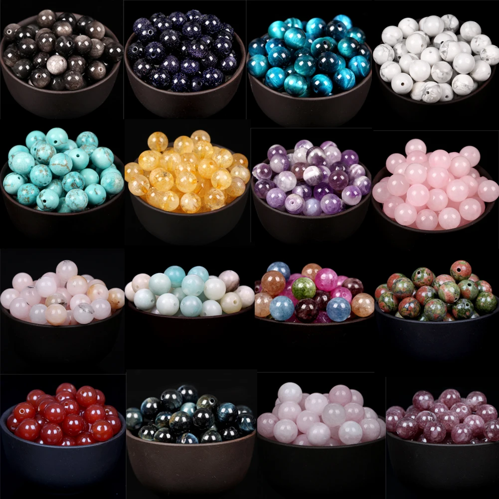 

Natural Stone Beads Agates Tiger Eye Amazonite Amethysts Obsidians Turquoises Jaspers Round Spacer For Jewelry Making Bracelet