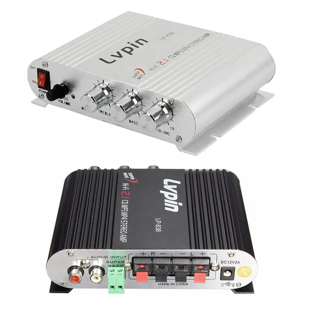 Автомобильный усилитель звука Lvpin838 сабвуфер 2.1 канала Super Bass HiFi 12 в CD MP3 MP4 стерео радио усилитель HiFi стерео усилитель Автомобильный усилитель звука Lvpin838 сабвуфер 2.1 канала Super Bass HiFi 12 в CD MP3 MP4 стерео радио усилитель HiFi стерео усилитель