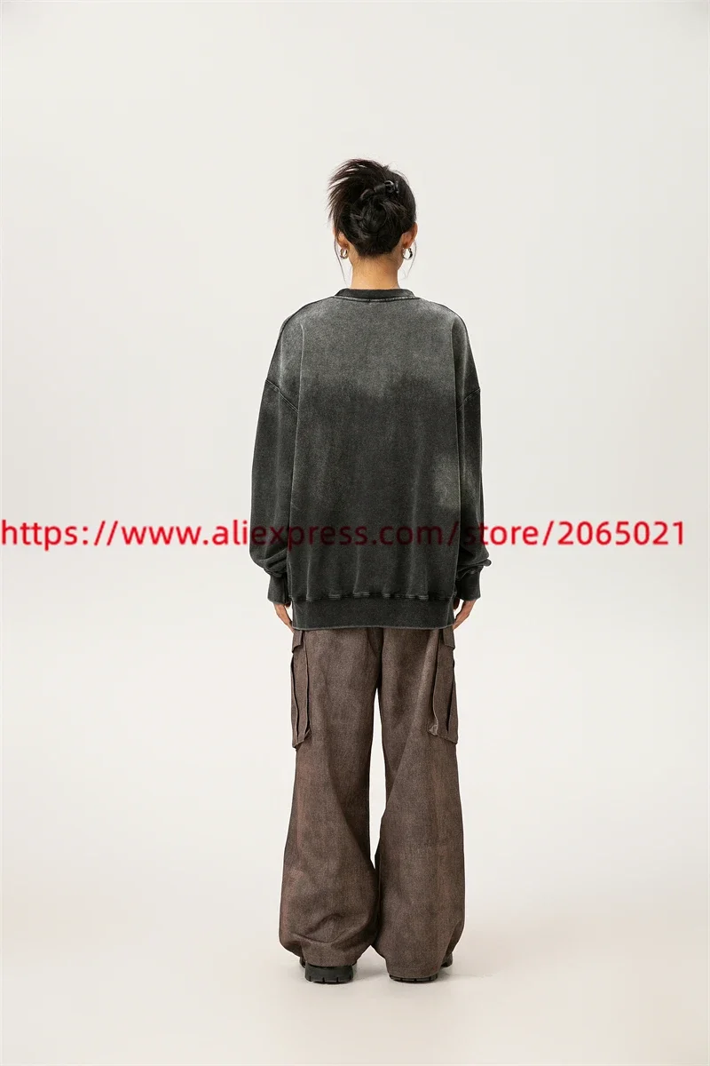 Черные потертые свитшоты Saint Tears с круглым вырезом мужские и женские