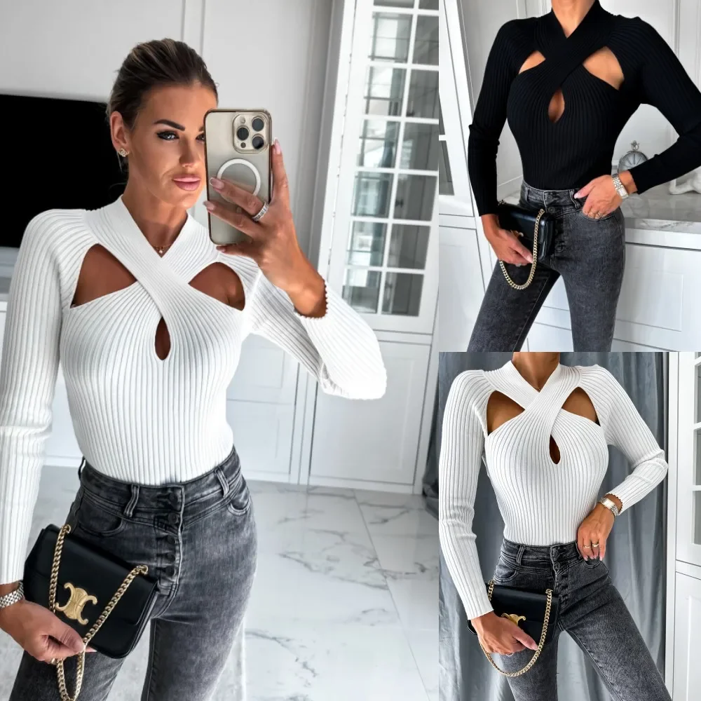 

Women Solid Autumn Slim Fit V Neck Criss Cross Sweatshirts Bottoming Shirt Solid Long Sleeve Short Tops Ladies Pullovers