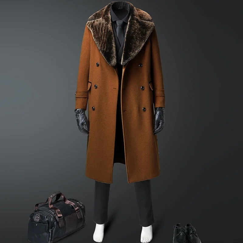

Шерстяной мужской облегающий плащ большого размера с меховым воротником длиной выше колена, двубортный топ, мужская зимняя куртка 2023