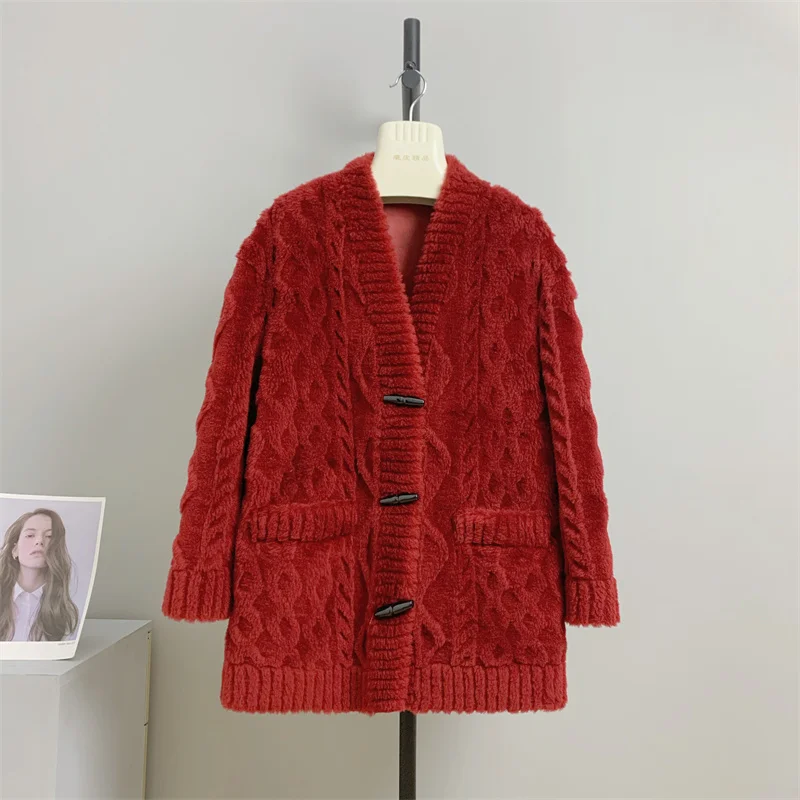 

genuine wool Cow horn button cardigan women's winter thickening lazy loose pullover vneck shirt vintage fried dough twist