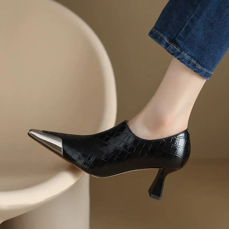 

9 Years Old Shop Natural Genuine Leather Women Heels Shoes Metal Toe Fashion Important Occasions Party Wedding High Heel Shoes