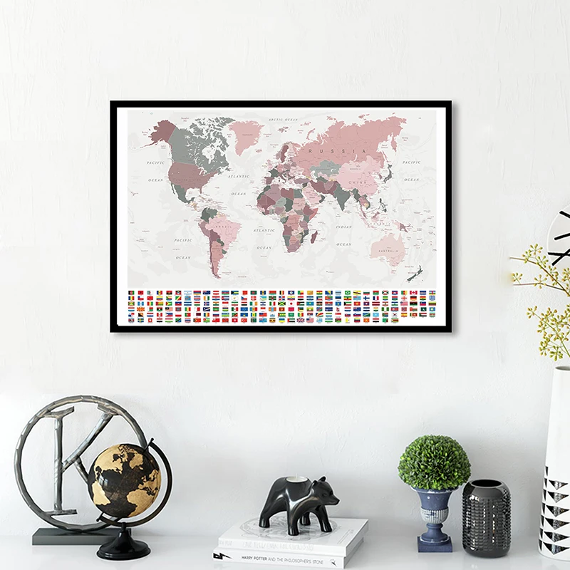 

90*60cm The World Political Map with National Flags Wall Vintage Poster Vinyl Canvas Painting Home Decor Classroom Supplies