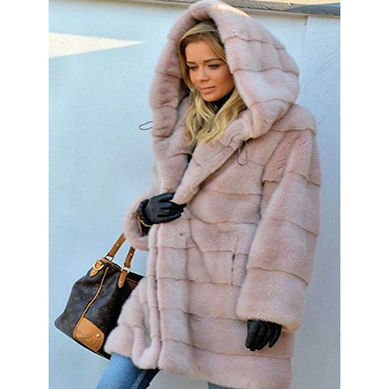 Faux Fur Jackets For Women Long Plus Size Hooded Sweatshirt Coat Winter Warm Solid Loose High Quality Fleece Coats 2022 New