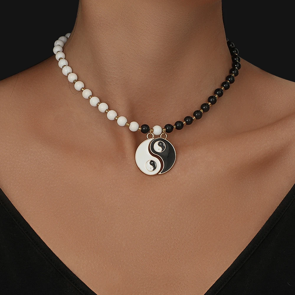 

KunJeo 2022 Hot Trendy Yin Yang Tai Chi Pendant Necklace for Women Black White Pearl Beaded Choker Couple Jewelry Necklace Gifts