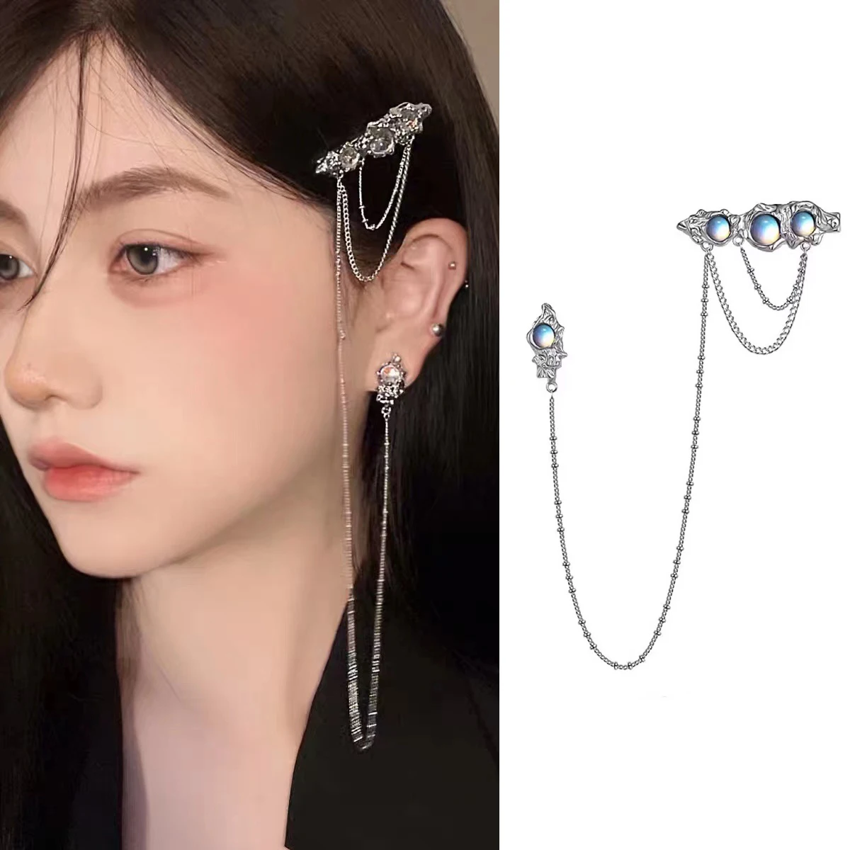 

Moonstone Side Bangs Clip Hairpin Female Earrings One-piece Tassel Earring Clip Headgear Chain Korean Style 2022 New