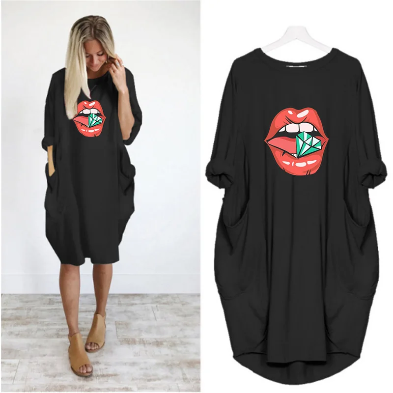 

Women Autumn Dress 2022 Sexy Red Lips Print Women Dresses Long Sleeves O Neck Pockets Fashion Elegant Casual Loose Daily Dress