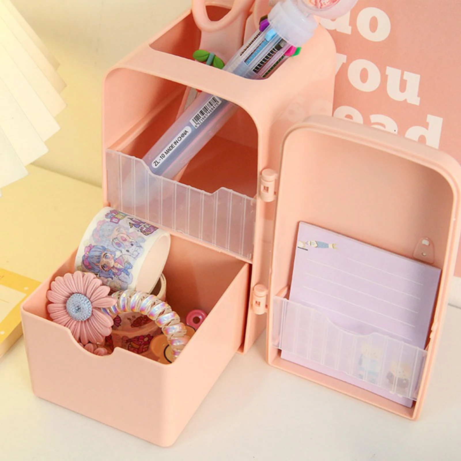 Storage Pen Holder with Eye Stickers Refrigerator Shape Separation Structure Stationery Organizer images - 6