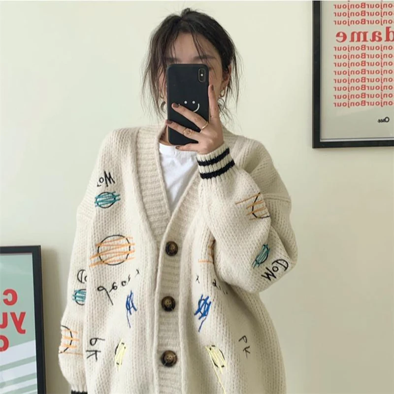 

2022 Autumn Winter New Loose Cardigan Women Fashion Embroidery Sweater Women