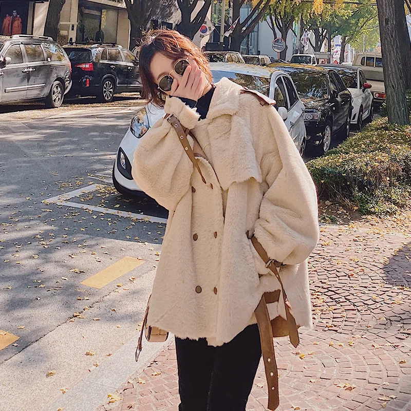 

Women's Fur Coat Loose Artificial Wool Leather Jacket Women Winter Patchwork Lamb Fleece Fur Female Oversize Motorcycle Jacket