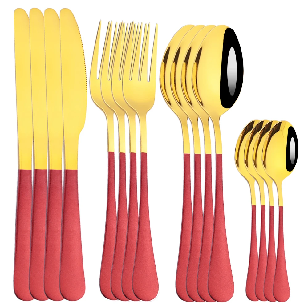 

AJOYOUS 16Pcs Red Gold Dinnerware Cutlery Set Knife Dessert Fork Coffee Spoon Flatware Stainless Steel Silverware Tableware Set