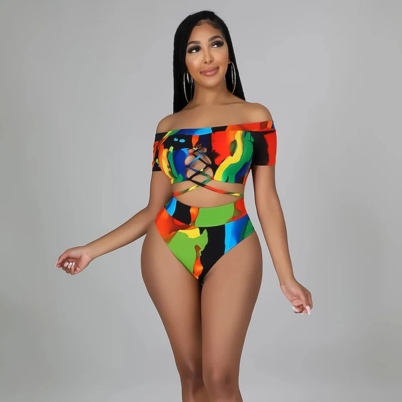 

High Waist Rainbow Bikini Set Off Shoulder Short Sleeve Swimsuit 2022 New Bandage Hollow Out Swimwear Women Bath Suit Beach