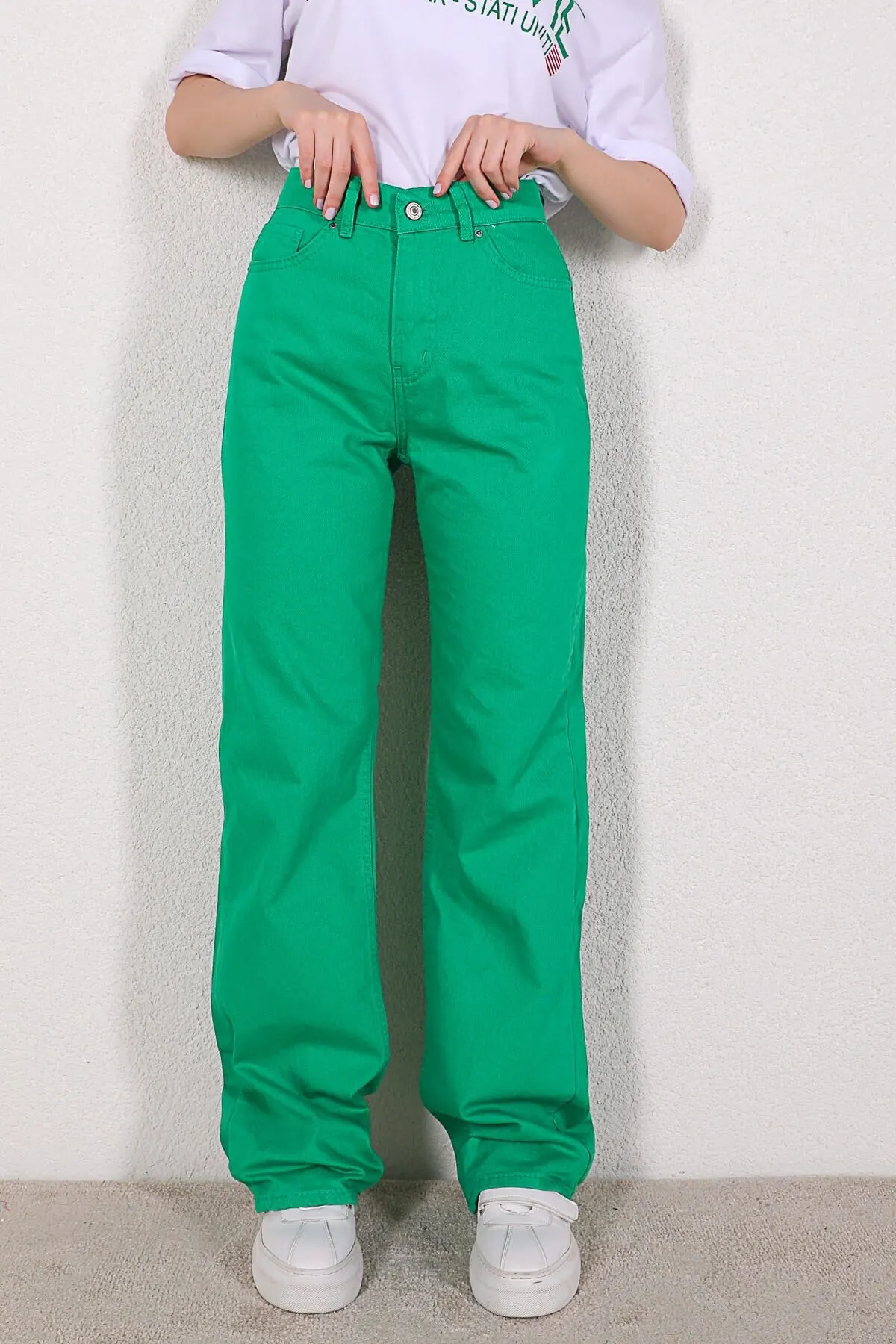 

Women's Jean Green High Waist Full Length Straight Pant Streetwear Female Buttons Zipper Ladies