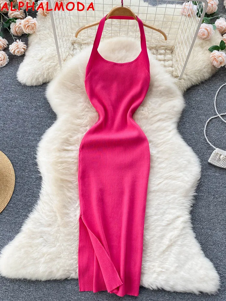 

ALPHALMODA 2022 New Halter Neck Pullovers Side Split Women Summer Trendy Knitted Dress Candy Color Slim Bodycon Dress