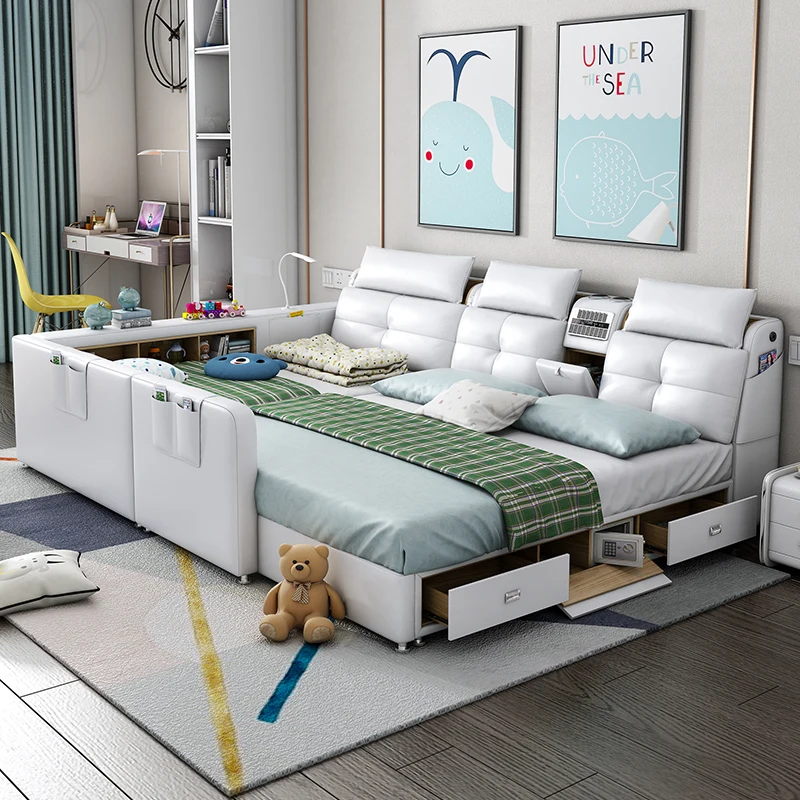 

Children's Bed Boys and Girls Princess Bed with Guardrail Splicing Widened Parent-child Mother Leather Tatami Solid Wood