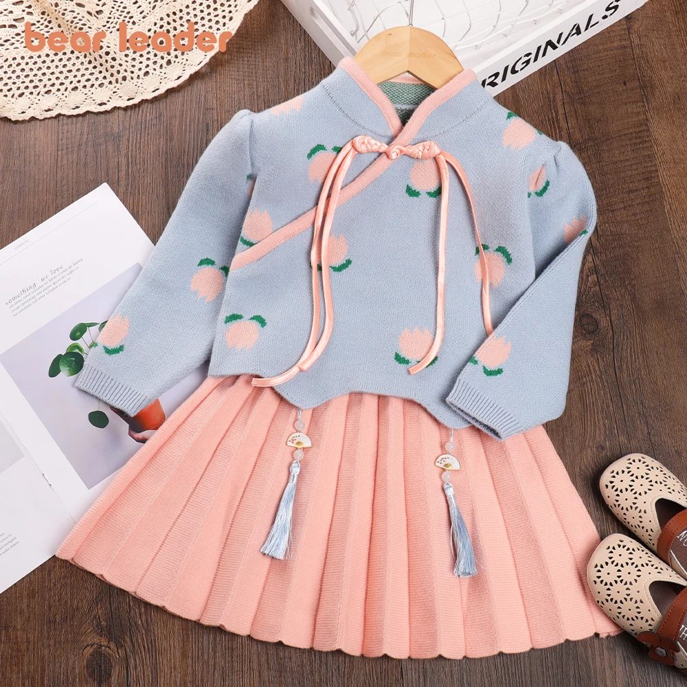 

Bear Leader Girls' Sweater 2023 Autumn New Flower Print Chinese Standing Neck Tassel Knitted Sweater+Two Piece Half Skirt Set