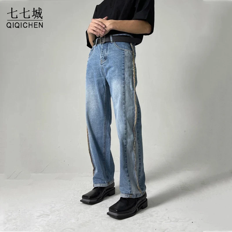 

Patchwork Wash Baggy Jeans Men Korean Loose Mid Waist Casual Straight Pants Retro Trousers Pantalon Homme Spring Autumn New