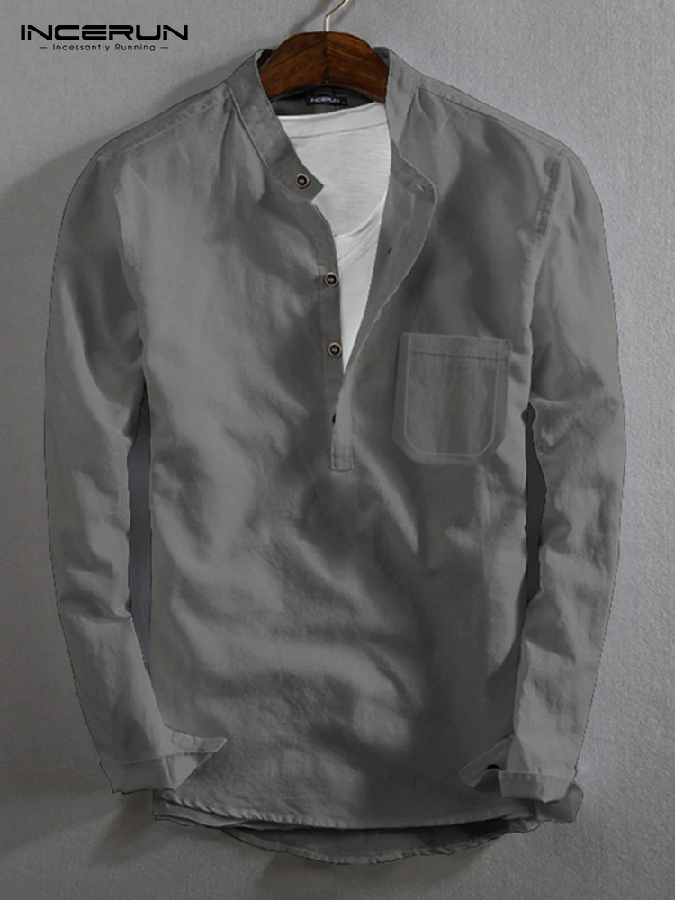 INCERUN Cotton linen Tops 2022 Men Loose Casual Streetwear Pocket Shirts Simple All-match Solid O-Neck Long Sleeve Shirts S-5XL