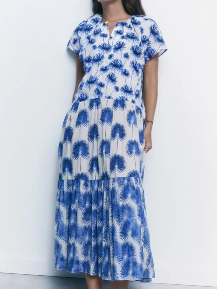 

Kumsvag 2022 Summer Women MIDI Dress Vintage Print Floral Short Sleeve O-Neck Spliced Female Elegant Mid-Calf Dresses Clothing