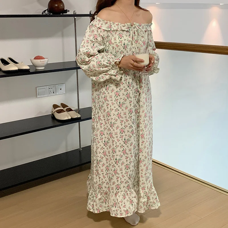 Soft Floral Home Ins Strapless Vintage Sweet Autumn Casual Elegant NightDress Women Loose Korean Long Sleeve Kawaii Printing