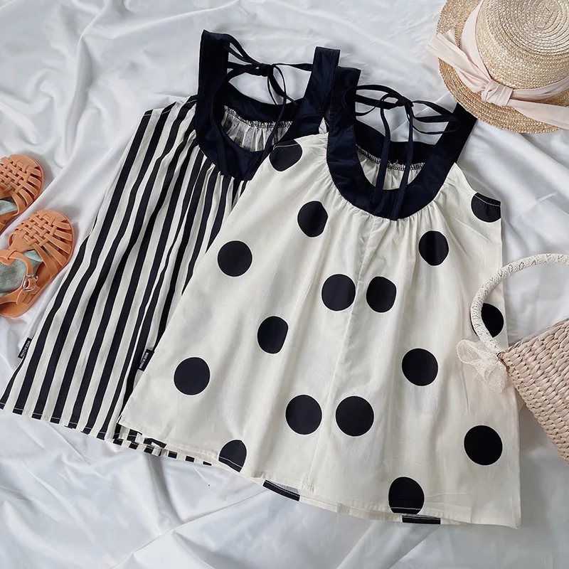 

2022 Summer New Kids Dress For Girl Polka Dot Suspender Children Clothing Fashion Lace-Up Dress Baby Striped Vest Princess Dress