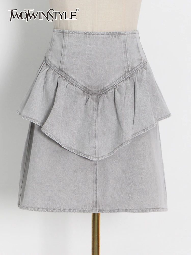 

TWOTWINSTYLE Casual Ruffle Trim Skirt For Women High Waist Loose Solid Minimalist Mini Skirts Female Summer Clothing Style New