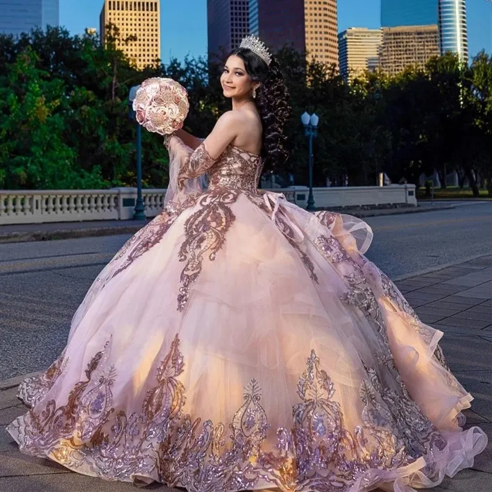 ANGELSBRIDEP Румяные платья Quinceanera со съемными рукавами и аппликацией из пайеток Vestido