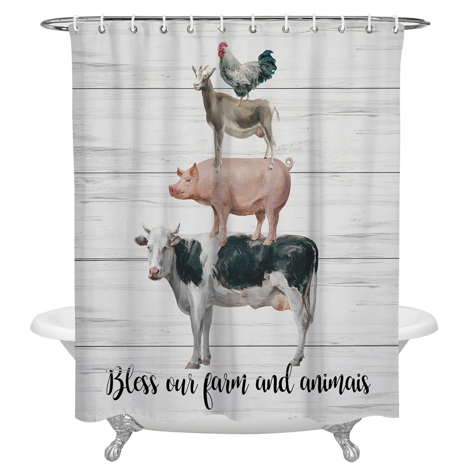 

Farm Cows Rooster Wood Grain Shower Curtains Bath Decor Curtain Waterproof Polyester Fabric Bathroom Accessories