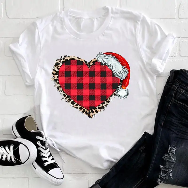 

Women Print Tshirt Plaid Love Heart 2022 Merry Christmas T Tee Pretty Holiday New Year Nice Top Cartoon Graphic T-shirt