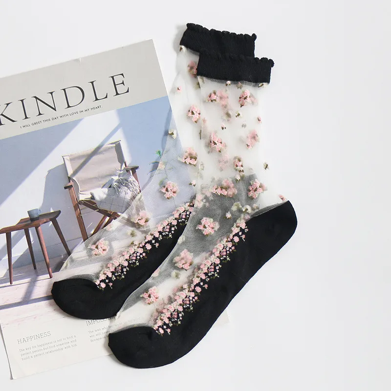 1 Pair Breathable Ultra Thin Socks Summer Women Transparent Lace Silk Crystal Rose Flower Girls Elastic Short Socks Female Sox