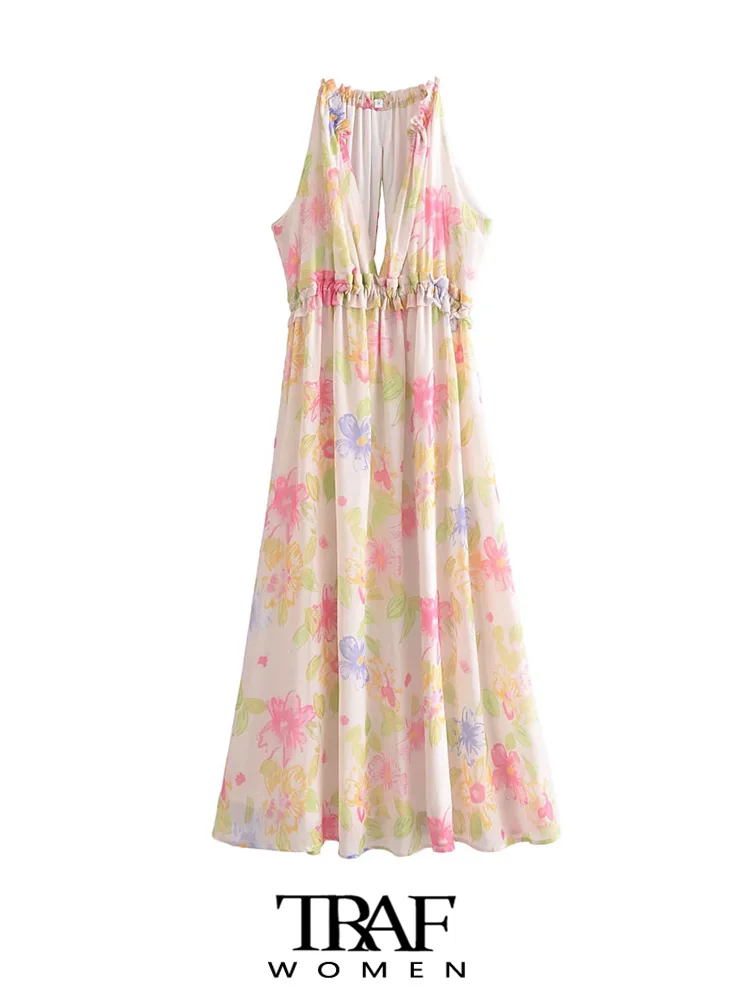 

TRAF Women Fashion With Ruffles Floral Print Midi Dress Vintage Deep V Neck Sleeveless Female Dresses Vestidos Mujer
