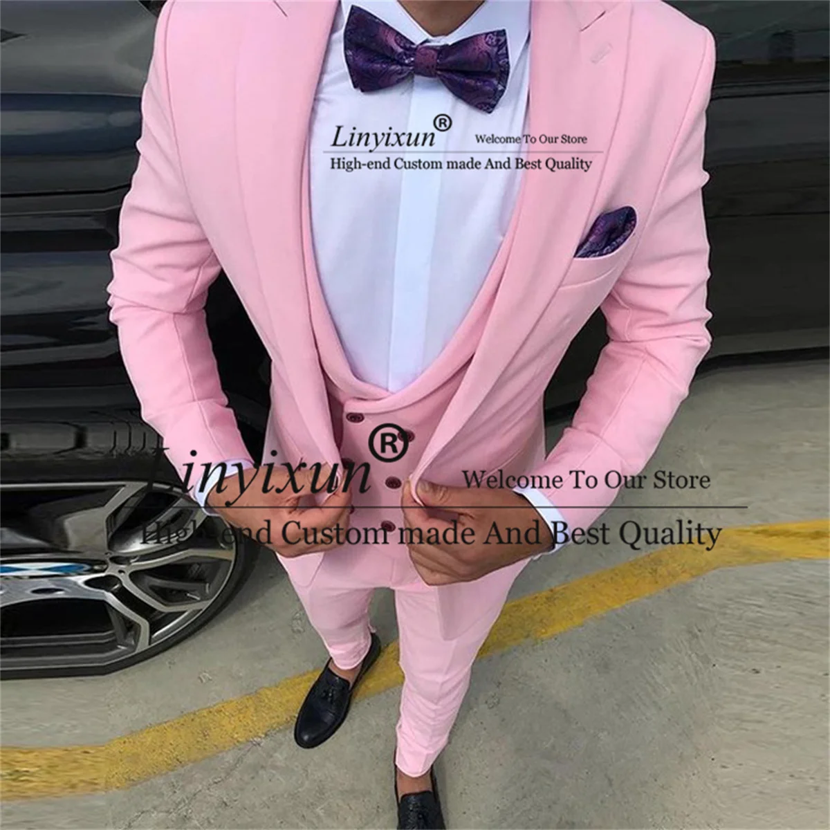 

Fashion Pink Wedding Suits for Men Slim Fit Groom Tuxedos 3 Pieces Sets Prom Groomsman Blazers Costume Homme Jacket+Vest+Pants