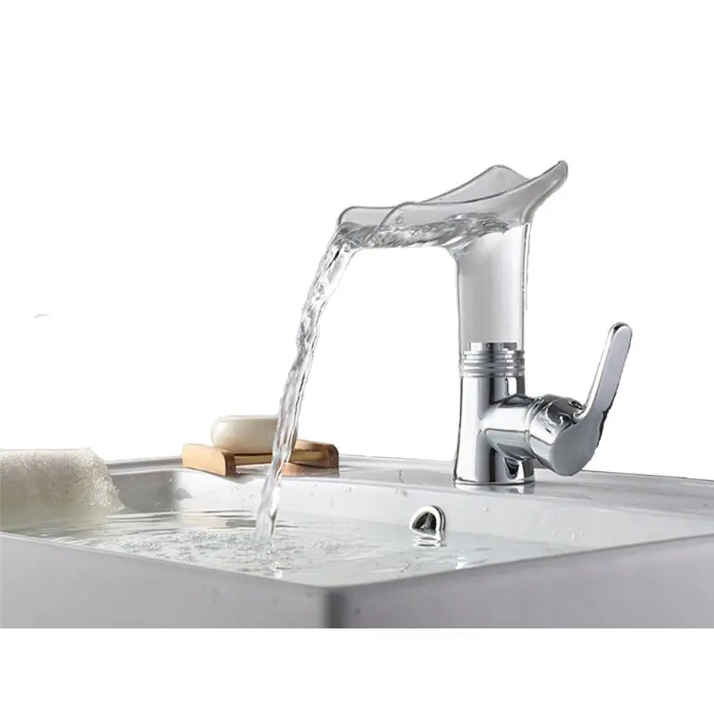 

Хромированный смеситель P82D для раковины, кран «Водопад» для ванной комнаты, прозрачный акриловый носик, водопроводный кран на раковину с одной ручкой