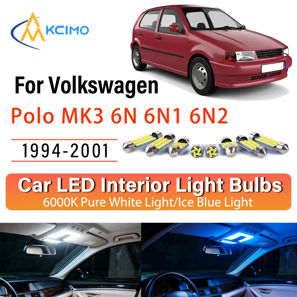 Фото Комплект светодиодных ламп для салона Volkswagen Polo MK3 1994-2001: легкая установка, яркий белый/голубой свет, для освещения салона, карты, дверей и зоны вокруг ног. №1