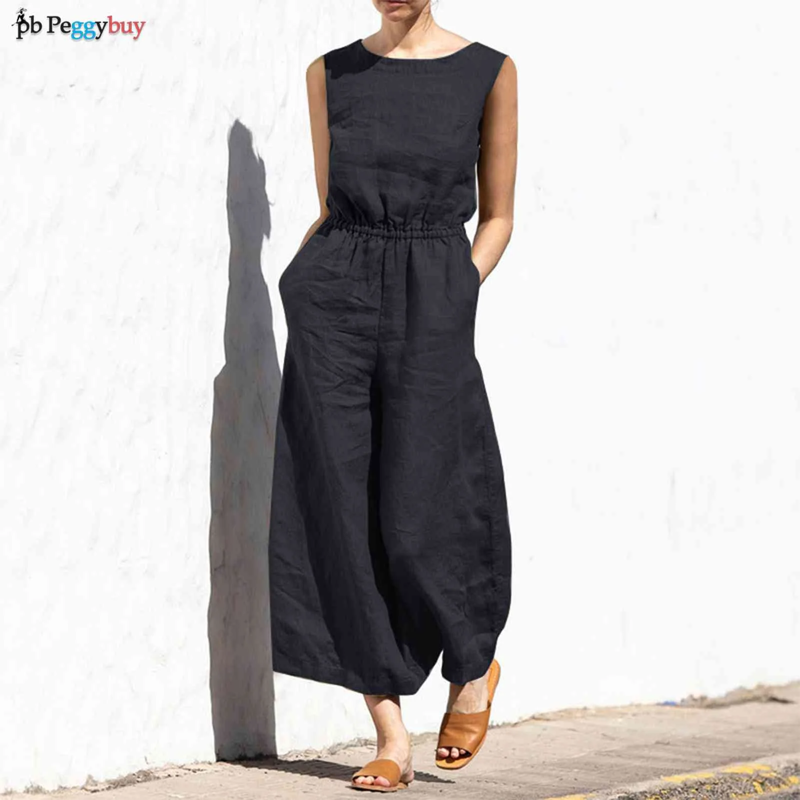 

Женские комбинезоны без рукавов, летние модные хлопковые льняные комбинезоны с широкими штанинами, повседневные однотонные комбинезоны с ...