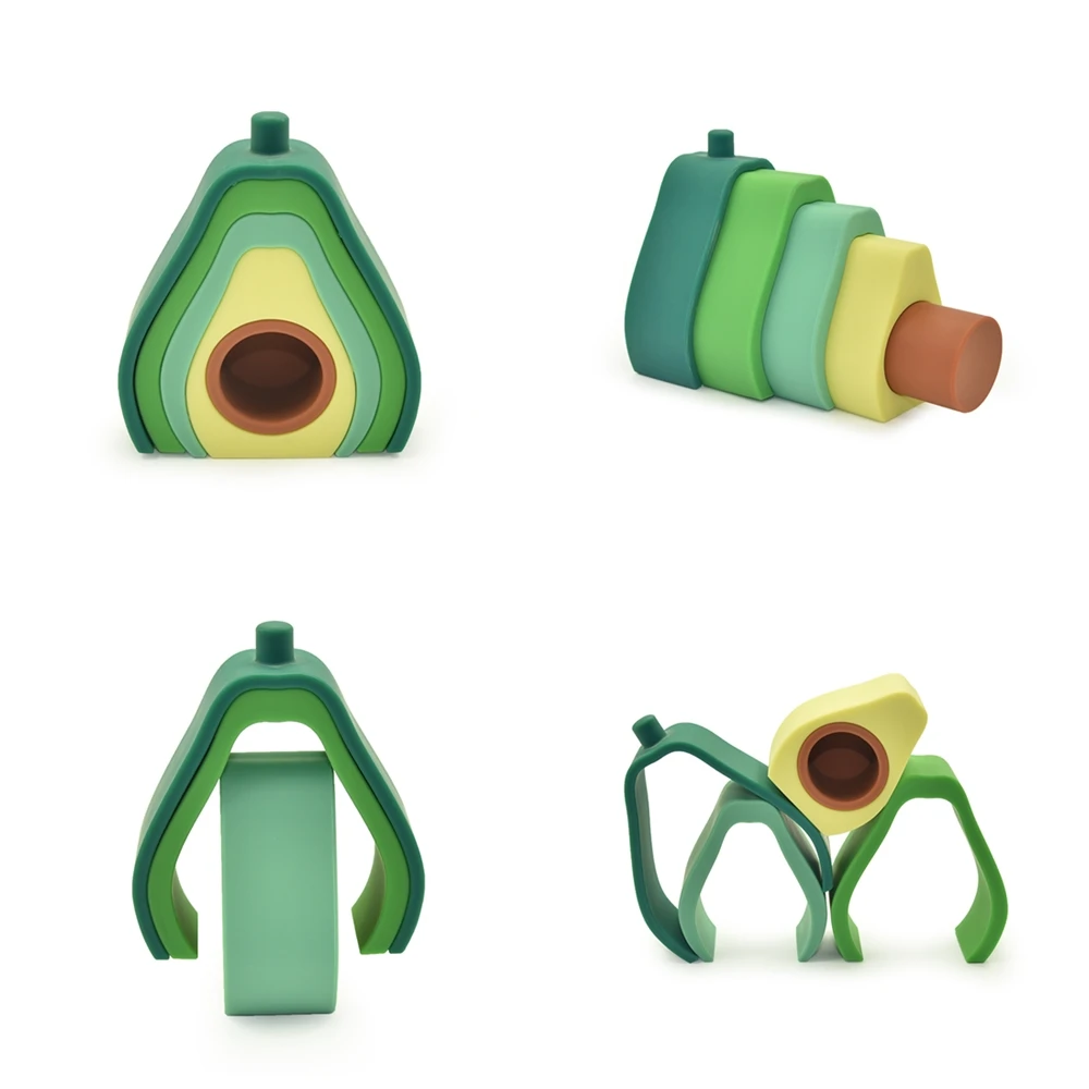

5pcs/Set Silicone Building Block Silicone Baby Teether Avocado Design Soft Block Folding Educational Game Toys