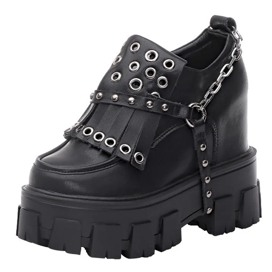 Height Increasing Punk Pumps Women's Cow Leather Round Toe Ankle Boots Tassel Rivets Buckle High Heels Creeper Oxfords Party Sho