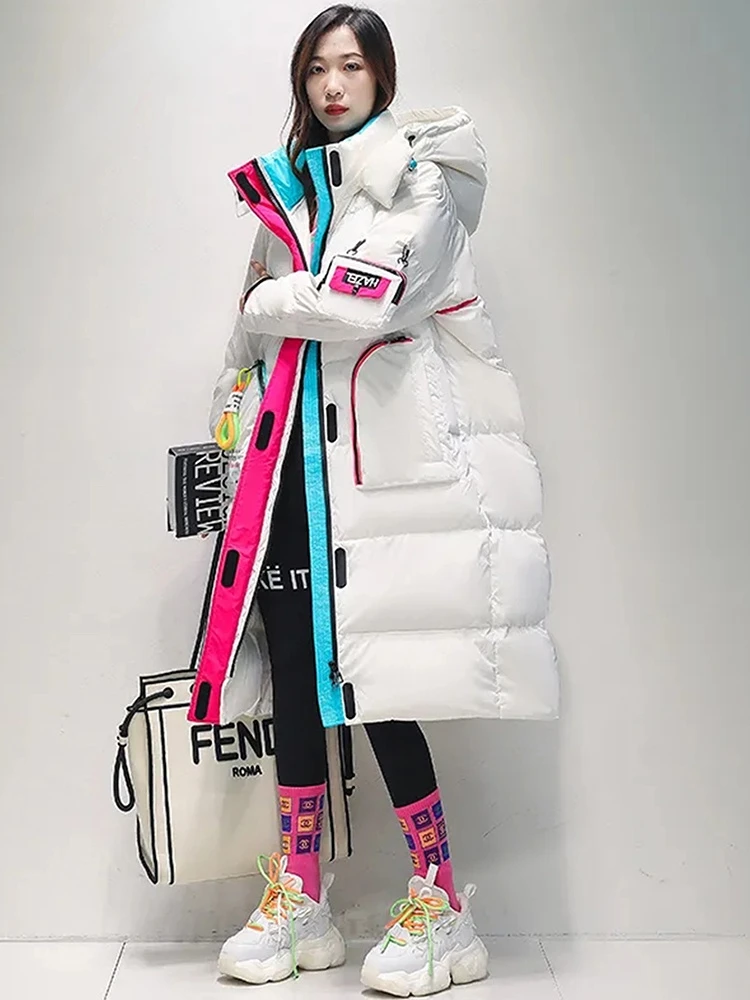 Sister Fara White Duck Down Collar Down Jacket Women Glossy Loose Hooded Down Jacket Parka Winter Female Warm Down Jacket Coat