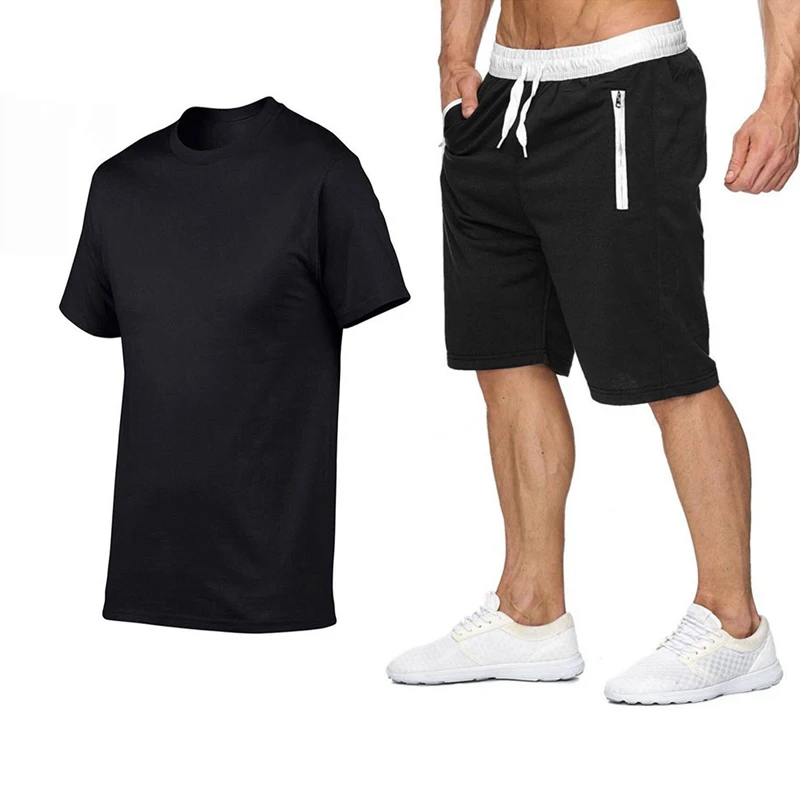 

2022 Summer Men's New Sportswear Suit 100% Cotton Short Sleeve + Quick Dry Shorts 2-Piece Men's Outdoor Jogging Sportswear Suit