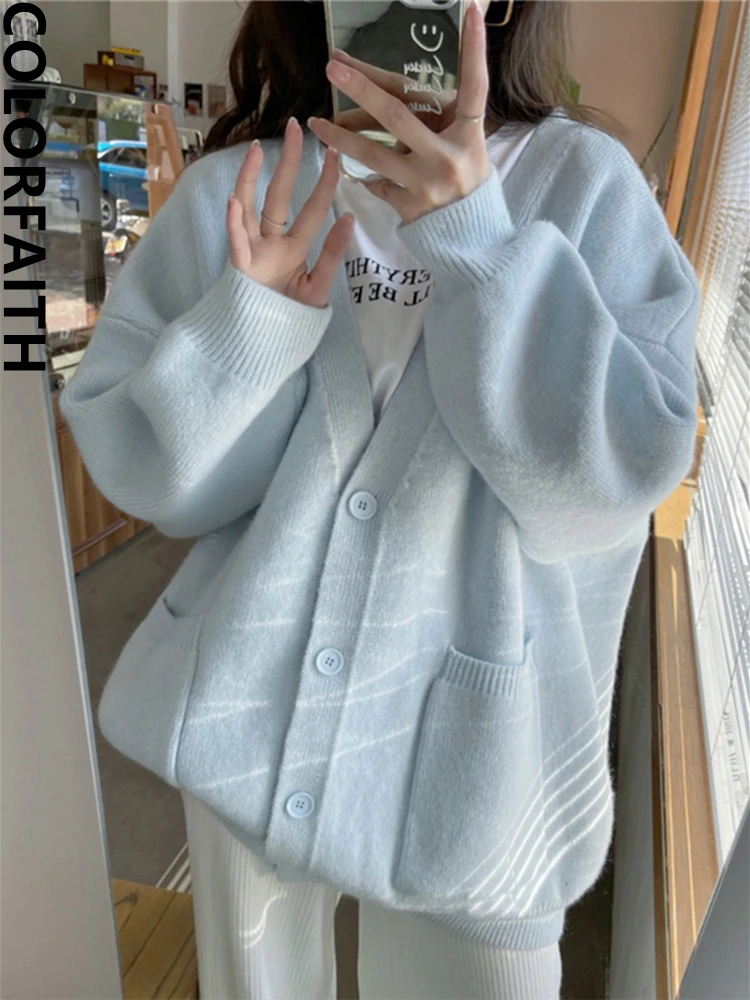 

Colorfaith, новинка 2022, шикарные корейские модные свитера для женщин, Осень-зима, большие пуговицы, кардиганы, карманы, элегантные топы, SWC3829JX