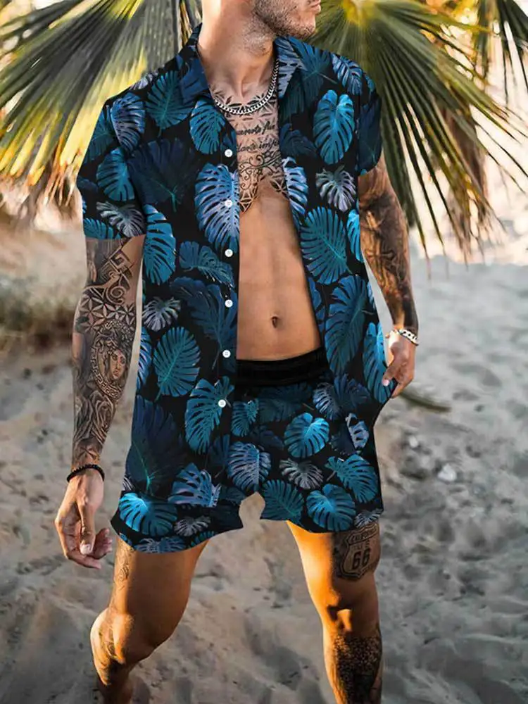 

2023 Popular 3D Digital Printing Quality Men's Short Sleeve Loose Shirt Set Beach Pants