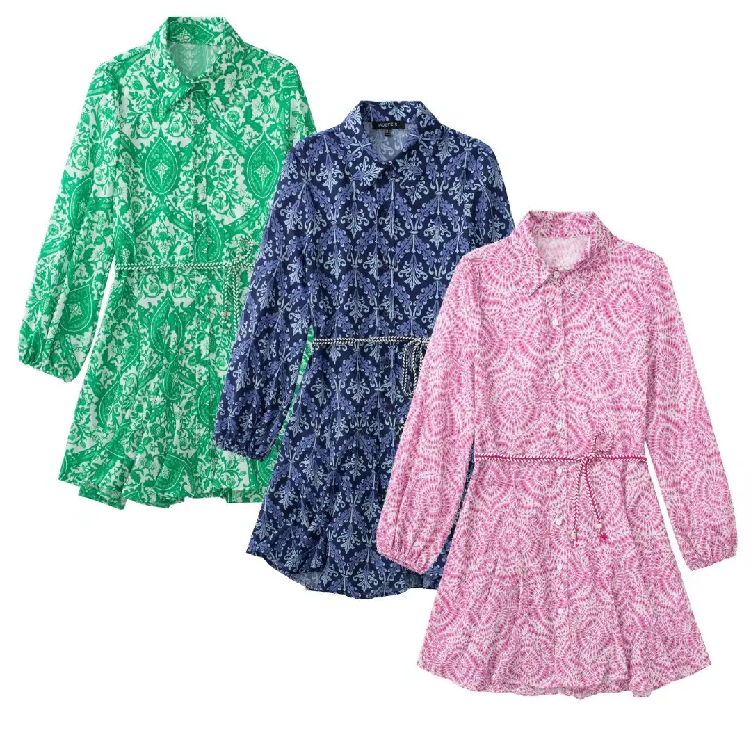 

Clothland Women Sweet Print Shirt Dress Tassel Tie Long Sleeve Pink Green Long Blouse Shirt Chic Casual Tops Mujer LA485