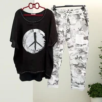 40hot1 set t shirt pants camouflage drawstring summer relaxed fit asymmetrical outfit streetwear