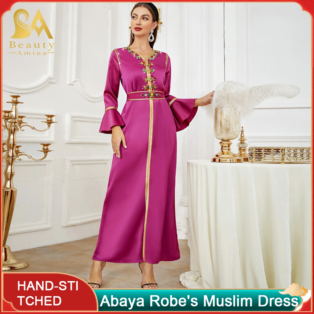 Abaya Robe's Rose Red Heavy Hand-Sewn Drill Dress Ruffled Sleeves Waist Skirt Festival Dress Ethnic Style Robe Women Clothing